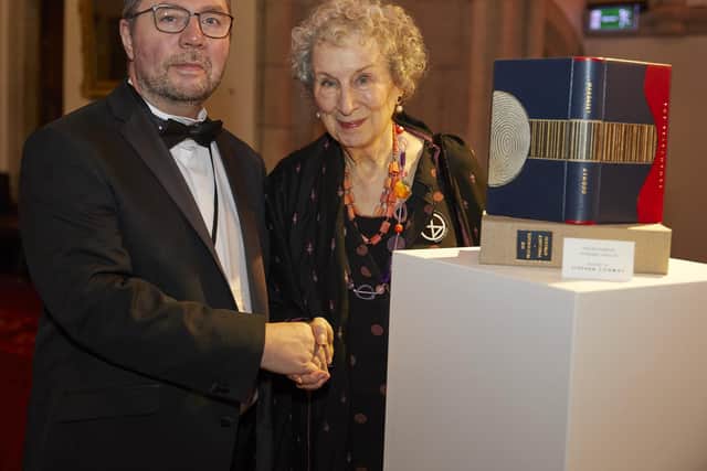 Stephen at the Booker Prize ceremony with Margaret Atwood, and his book design, in 2019.