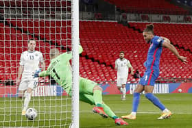 England's Dominic Calvert-Lewin scores their side's fourth goal at Wembley. Pictures: PA.