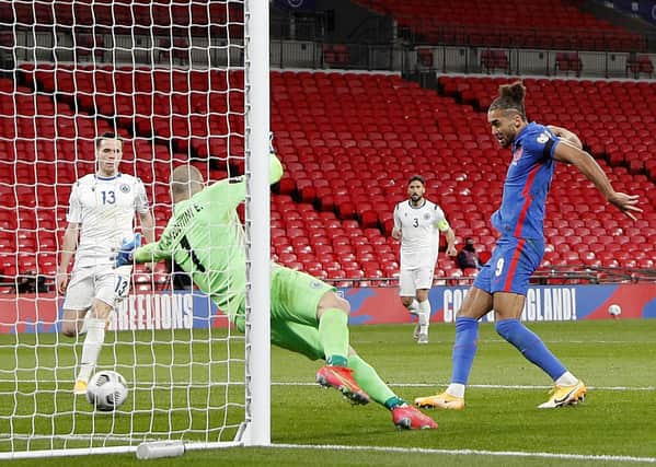 England's Dominic Calvert-Lewin scores their side's fourth goal at Wembley. Pictures: PA.
