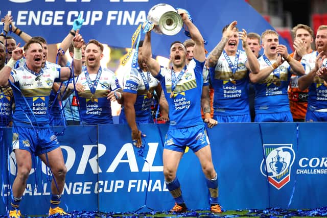 Luke Gale of Leeds Rhinos celebrates their Challenge Cup win last season. (Photo by Michael Steele/Getty Images)