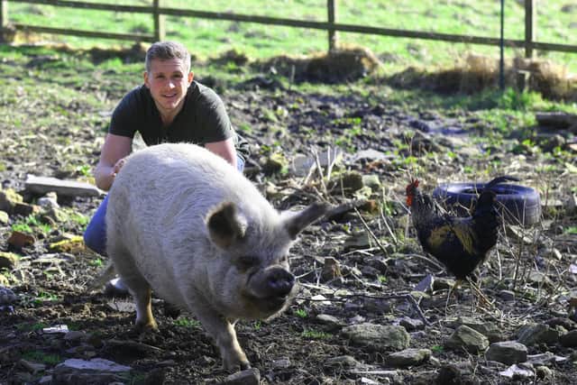 Josh, with pig Poppy, is a former saturation diver who worked on offshore platforms