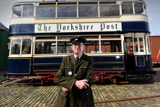 Volunteer Richard Sykes pictured with the 100 year old Leeds 345 Vintage TramCar at the Crich Tramway Village