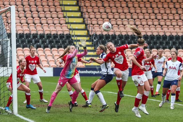 Bristol City goalkeeper Sophie Baggaley palms the ball away during the FA Women's Super League match at The Hive Stadium (Picture: PA)