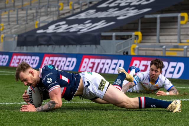 In form: Tom Johnstone scores Wakefield's opening try.
 Picture: Bruce Rollinson