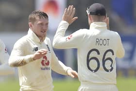 Dom Bess celebrates a wicket with Joe Root on day four of the second Test match between Sri Lanka and England at Galle (Picture: Sri Lanka cricket via ECB)
