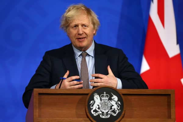 Prime Minister Boris Johnson during a media briefing on coronavirus (Covid-19) from Downing Street's new White-House style media briefing room in Westminster, London.