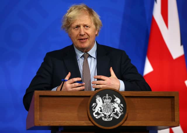 Prime Minister Boris Johnson during a media briefing on coronavirus (Covid-19) from Downing Street's new White-House style media briefing room in Westminster, London.