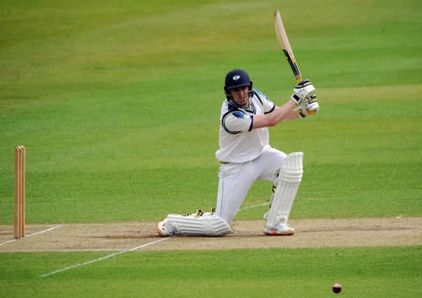 Tom Kohler-Cadmore dirves through the covers on his way to an unbeaten 109 at Headingley. Picture: Dave Williams.