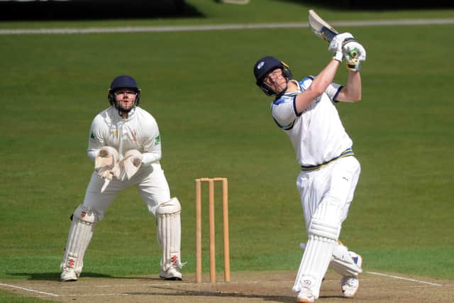 Tom Kohler-Cadmore hits one over long off at Headingley on Monday. Picture: Dave Williams.