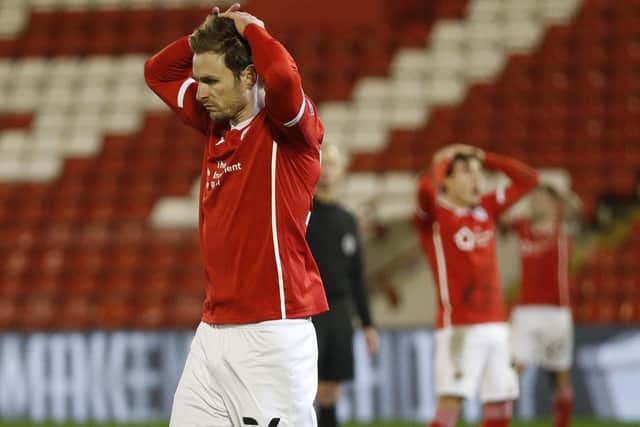 Michael Sollbauer of Barnsley reacts to his chance being cleared off the line during the FA Cup match with Chelsea at Oakwell, Barnsley. (Picture: Darren Staples/Sportimage)