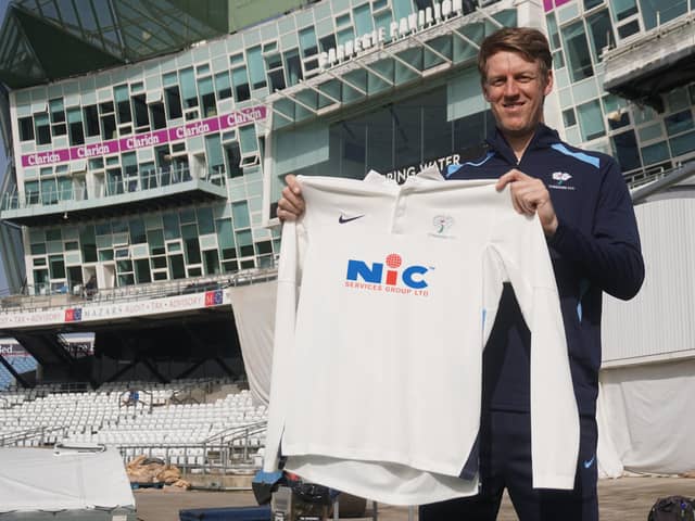 Shirt deal: Yorkshire captain Steve Patterson with the sponsored shirt.