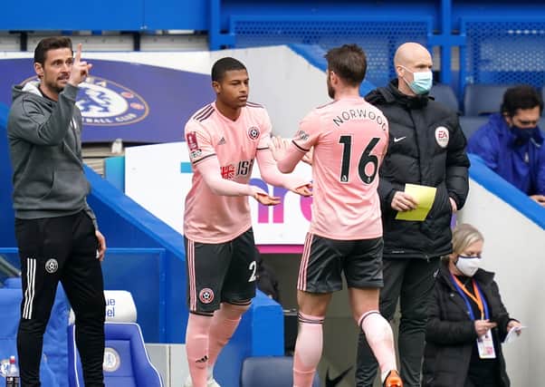 GAME TIME: Sheffield United's Rhian Brewster comes on for Oliver Norwood at Stamford Bridge. Picture: John Walton/PA