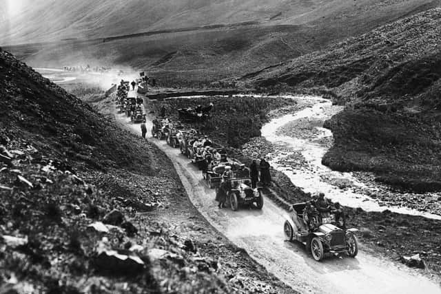 Cars line up for the hill climb during the Scottish Trials    (Photo by Topical Press Agency/Getty Images)