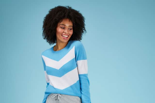 Cashmere crew neck sweater in Ocean Chevron, £169 at LoopCashmere.co.uk.