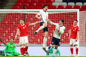 England's Harry Maguire (centre) celebrates scoring the winning goal. Picture: PA