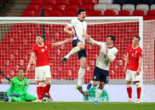 England's Harry Maguire (centre) celebrates scoring the winning goal. Picture: PA
