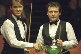 1994:  Stephen Hendry and Jimmy White shake hands before the Embassy World Championship Final at the Crucible Theatre. Picture: Allsport