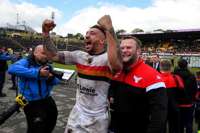 Elliot Minchella celebrates after Bradford Bulls' shock Challenge Cup win over Leeds Rhinos in 2019. (Photo by George Wood/Getty Images)