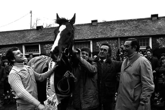 Bob Champion (left) at Josh Gifford's stables after Aldaniti's Grand National win in 1981.