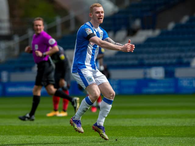 Lewis O'Brien celebrates after putting Huddersfield Town in front against Brentford. Picture: Bruce Rollinson.