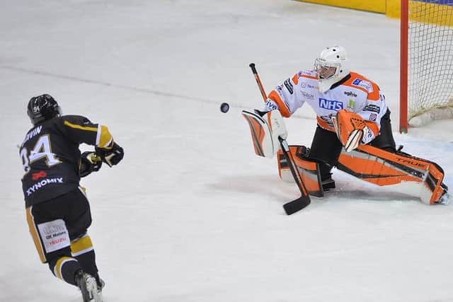 NO WAY THROUGH: Ben Churchfield turns away Christophe Boivin's penalty shot in the 57th minute to preserve Sheffield Steelers' 3-2 lead over Nottingham. Picture courtesy of Dean Woolley.