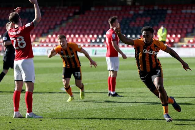 Hull City's Mallik Wilks celebrates scoring tthe winner.