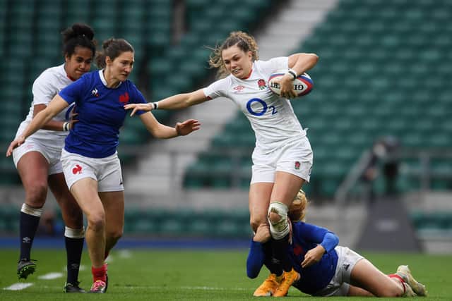Ellie Kildunne of England is tackled by Cyrielle Banet of France during the Autumn International match between England Women and France Women at Twickenham Stadium on November 21, 2020 in London. (Picture: Mike Hewitt/Getty Images)