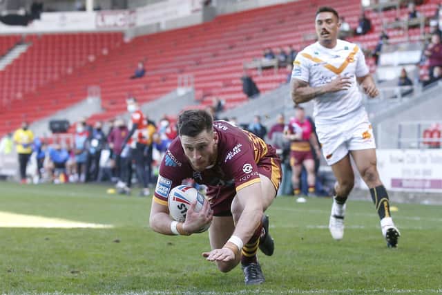 Second best:  Huddersfield Giants' Sam Wood scores their second try against Catalans. Picture by Ed Sykes/SWpix.com