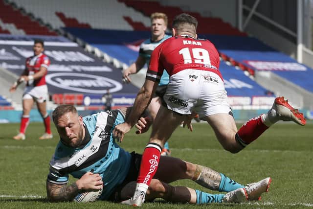 Top form: Hull FC's Josh Griffin scores their fourth try.  Picture by Ed Sykes/SWpix.com