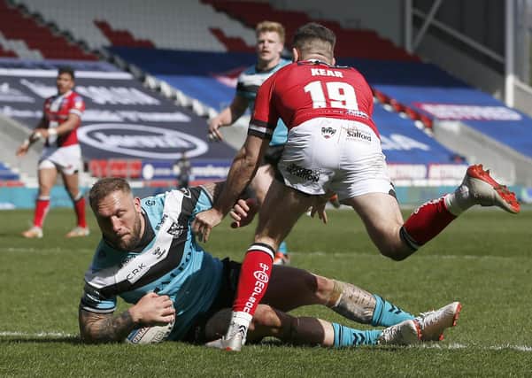 Top form: Hull FC's Josh Griffin scores their fourth try.  Picture by Ed Sykes/SWpix.com