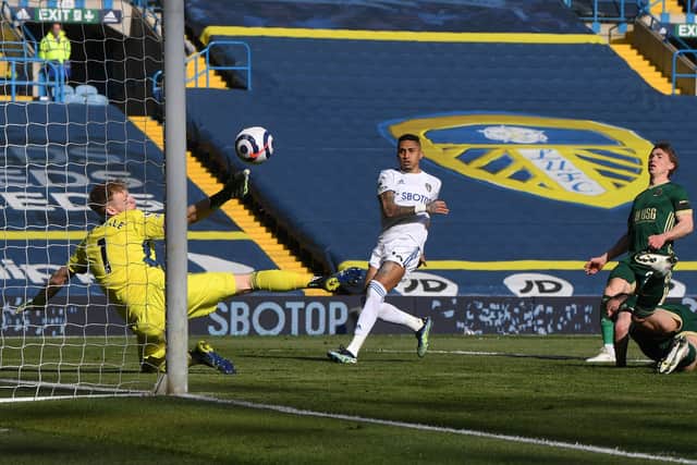 Oh no: 
Sheffield United's Phil Jagielka scores an own goal as Leeds' Raphinha looks ready to pounce.

Picture: Jonathan Gawthorpe