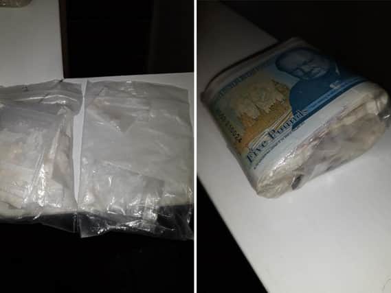 Police found a white substance and a bundle of cash in the flat
