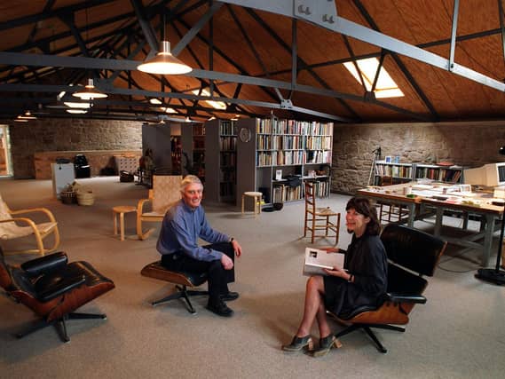 David Mellor and Fiona MacCarthy in the library/workroom of their home in Hathersage in the 1990s.