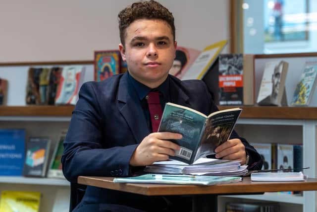 Blaine Thomas, aged 17, who has received a conditional offer to study Law at Oxford after being granted an assisted study place at Bradford Grammar School established in memory of the late Sir Ken Morrison. Image: James Hardisty.