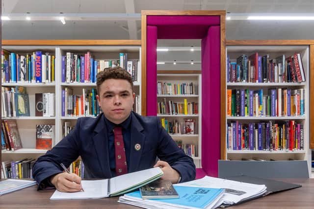 Bradford Grammar School student Blaine Thomas is determined to use the barriers he has faced around social mobility to drive his ambitions of success. Image: James Hardisty.