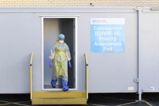 An Emergency Department Nurse during a demonstration of the Coronavirus pod and COVID-19 virus testing procedures set-up beside the Emergency Department of Antrim Area Hospital, Co Antrim in Northern Ireland.