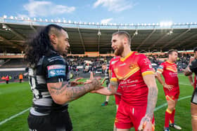 Hull FC's Mahe Fonua and Catalans Dragons' Sam Tomkins after Sunday's game. Both are expected to line up again this week. (SWPIX)
