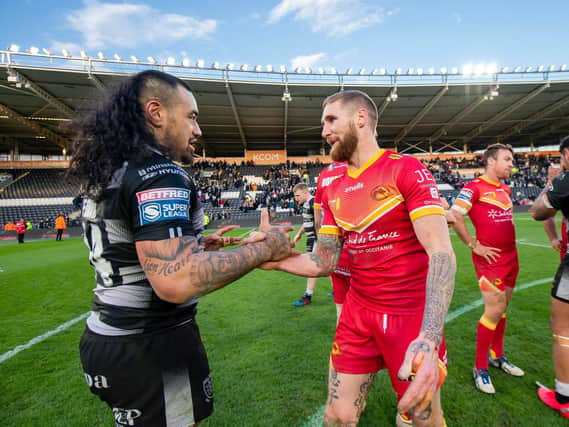 Hull FC's Mahe Fonua and Catalans Dragons' Sam Tomkins after Sunday's game. Both are expected to line up again this week. (SWPIX)
