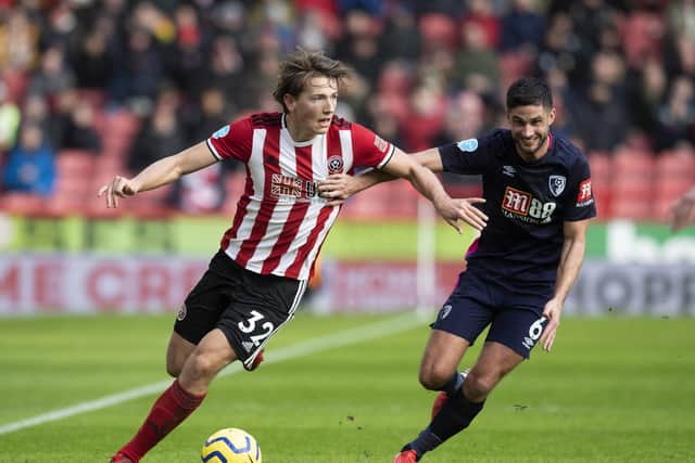 Sander Berge of Sheffield Utd holds off Andrew Surman of Bournemouth. Picture: Simon Bellis/Sportimage