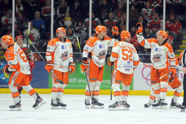 Sheffield Steelers celebrate during their 5-4 win in Cardiff in January. Picture: Helen Brabon/EIHL