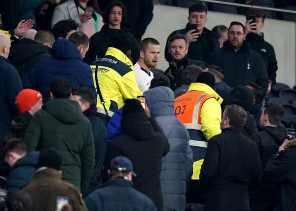 Trouble: Tottenham Hotspur's Eric Dier confronts a supporter in the stand.
