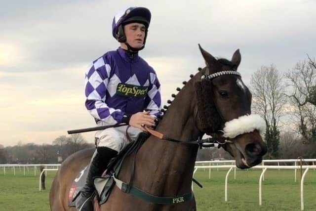 Lady Buttons and jockey Tommy Dowson before winning at Doncaster in December. Photo: Phill Andrews.