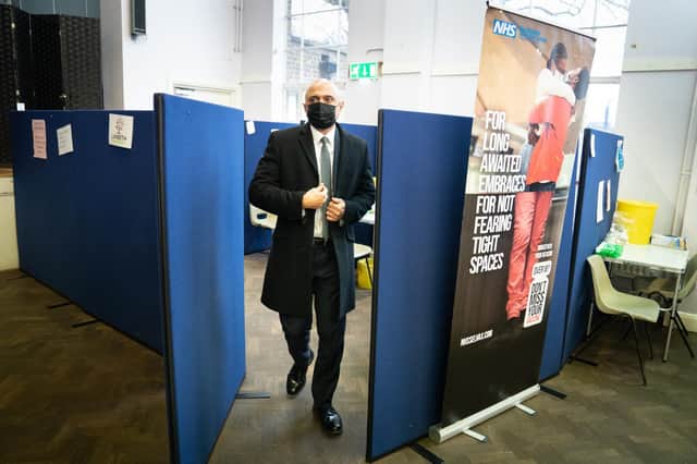 Health secretary, Sajid Javid visits the Montgomery Hall vaccination centre in Kennington, south London on the first anniversary of the Astra Zeneca Covid 19 vaccination roll out