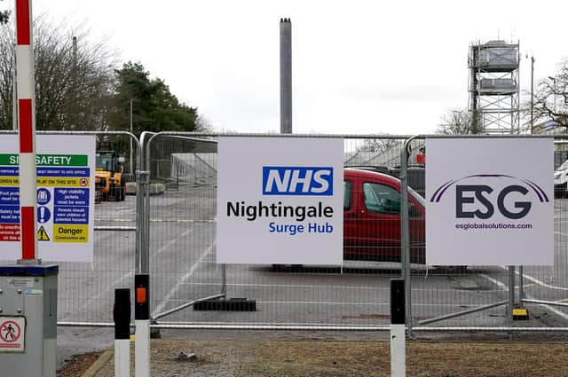 An NHS Nightingale surge hub being set up at William Harvey Hospital in Ashford, Kent.