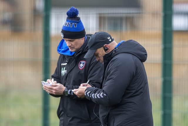 Wakefield Trinity head coach Willie Poching with assistant Francis Cummins, oversee training earlier this week. 
Picture:Tony Johnson