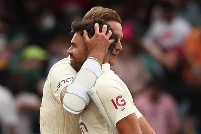 England's James Anderson and Stuart Broad celebrate. Picture: PA.