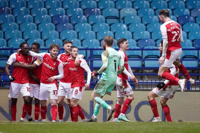 DERBY DELIGHT: Rotherham United players celebrate Freddie Ladapo's winner at Sheffield Wednesday last season but the Owls got revenge in 2021-22