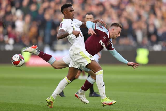 Jarrod Bowen of West Ham United is challenged by Junior Firpo of Leeds United (Picture: Alex Pantling/Getty Images)