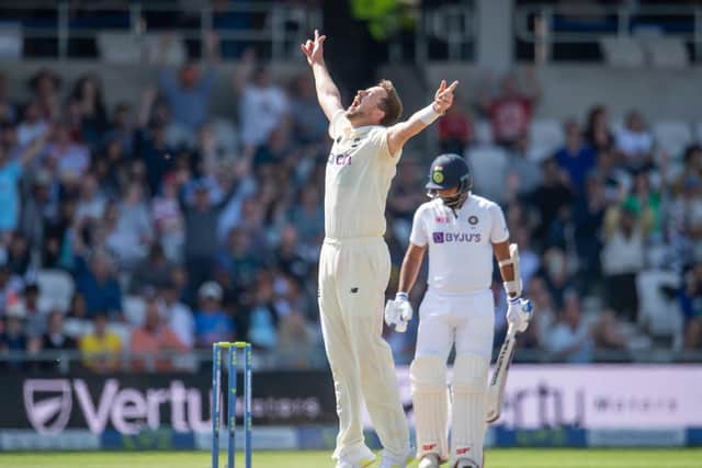 England's Ollie Robinson appeals for the wicket of Ravindra Jadeja during the last England Test match at Headingley (Picture: SWPix.com)