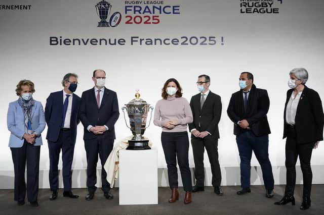 Ready to go: French officials, including Luc Lacoste (second left) and French Prime Minister Jean Castex, (third left) with The Paul Barrière Trophy at the launch of the 2025 Rugby League World Cup. Picture by Dave Winter/SWpix.com